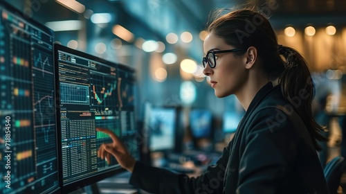 a woman wearing glasses who is looking at the stock market on a computer, generative ai