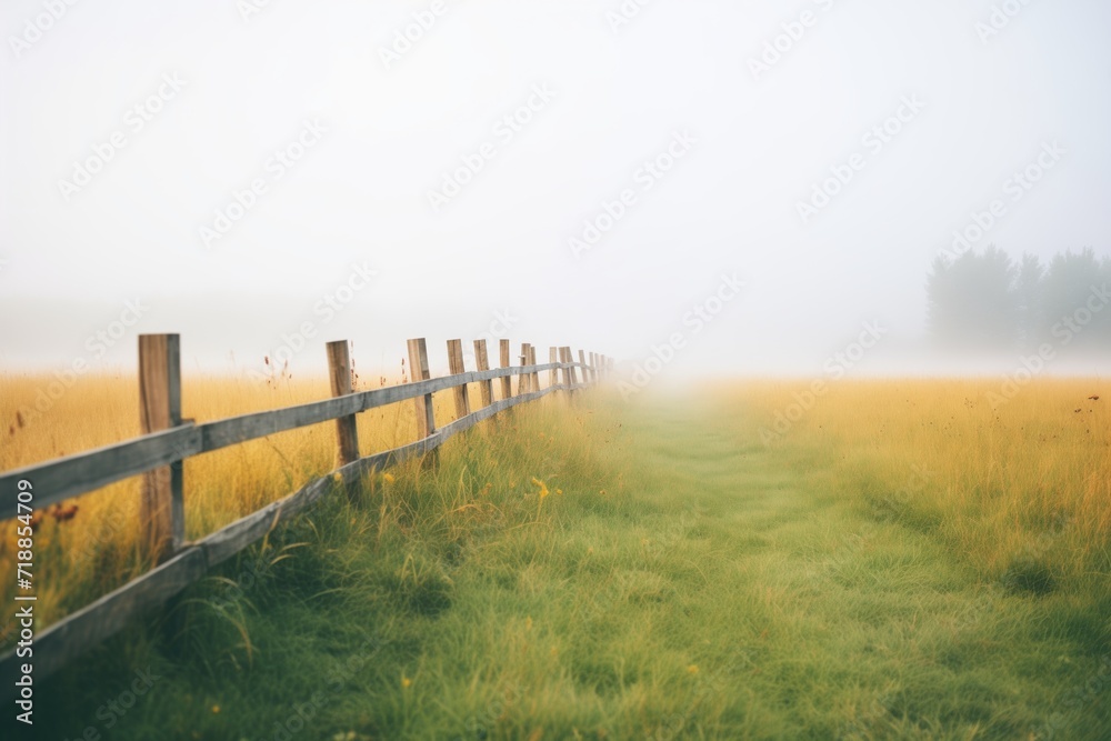 Obraz premium wooden fence leading into a foggy, grassy landscape