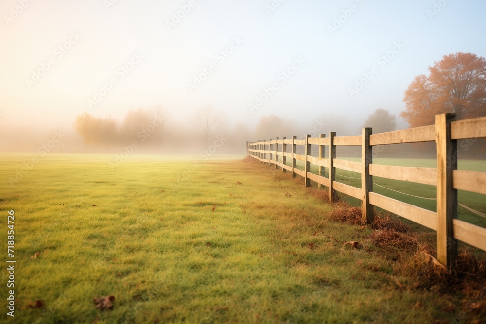 wooden fence leading into a foggy, grassy landscape