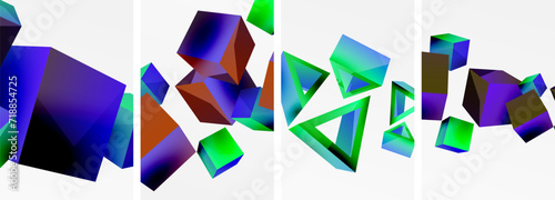 Flying 3d shapes, cubes and other geometric elements background design for wallpaper, business card, cover, poster, banner, brochure, header, website