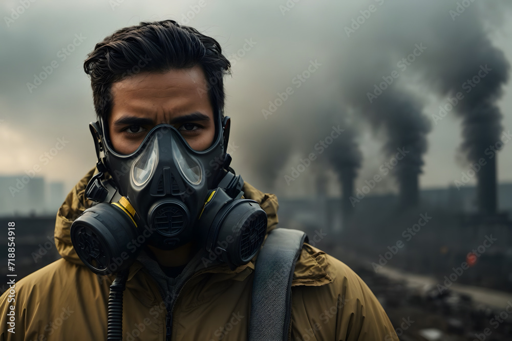 A man wearing gas mask as a concept of air pollution A man wearing gas mask as a concept of air pollution