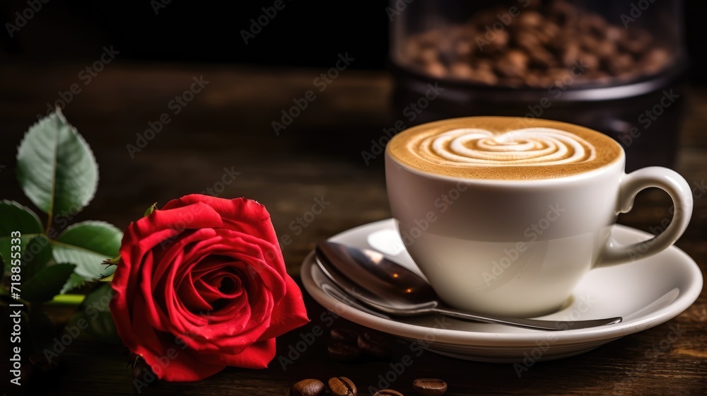 Obraz premium cup of coffee with rose, Generative Ai