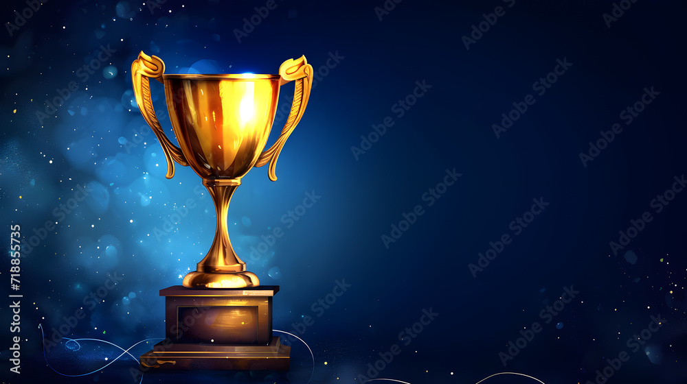 Golden trophy cup with stars isolated on dark blue background with copy space for text Golden trophy cup with stars isolated on dark blue background with copy space for text