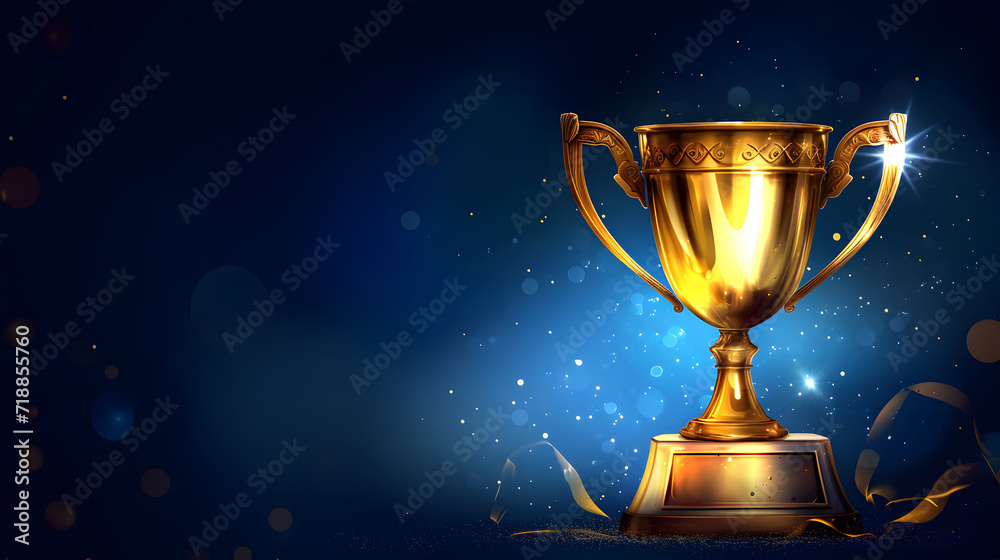 Golden trophy cup with stars isolated on dark blue background with copy space for text Golden trophy cup with stars isolated on dark blue background with copy space for text