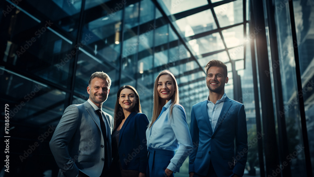 custom made wallpaper toronto digitalBusinesspeople and their team exude positivity in a lively group photo, showcasing dynamic body language that reflects the collective success and enthusiasm within the office. Generative ai.