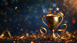 Golden trophy cup with  stars isolated on dark blue background with copy space for text