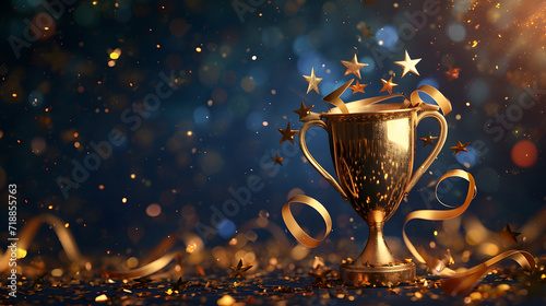 Golden trophy cup with  stars isolated on dark blue background with copy space for text