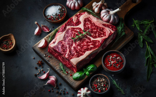 Raw beef meat steaks for grilling with seasoning and utensils on dark rustic board