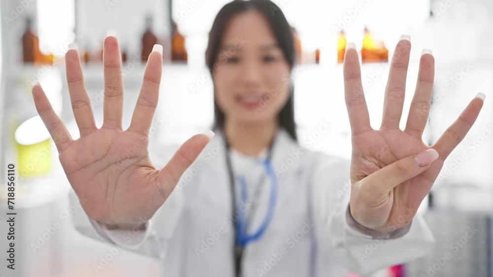Happy young chinese scientist woman smiling and showing the number nine with her fingers, cheerfully pointing up in lab