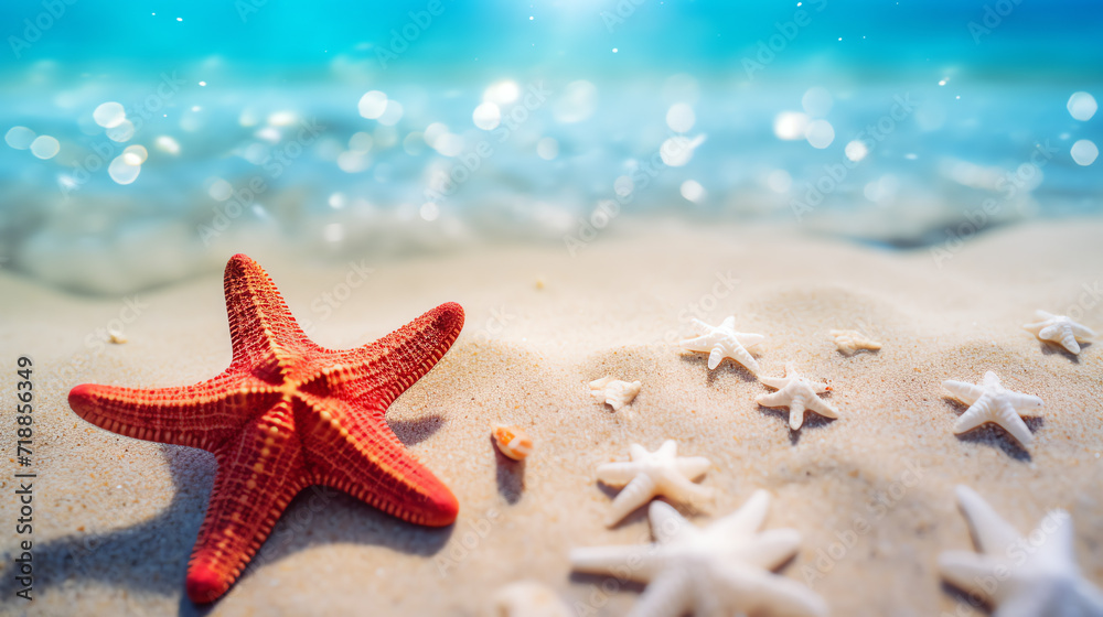 Hello summer. Seastar on the beach. AI generated image. Hello summer. Seastar on the beach. AI generated image.