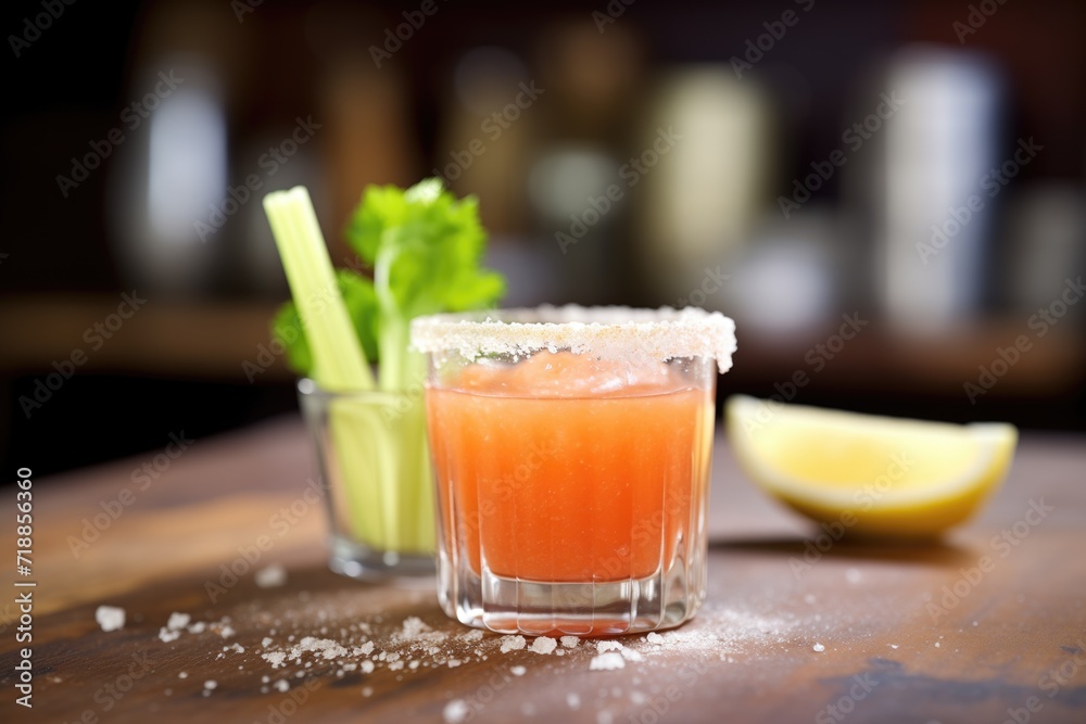 closeup of glass rim with salt, tomato juice, celery stick inside