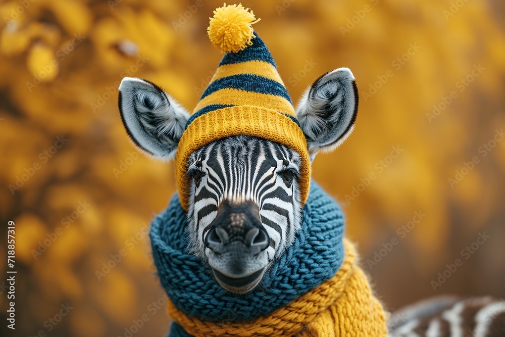 Obraz premium Zebra in Yellow Beanie Generative AI