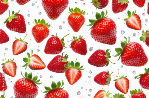Falling strawberry, water drops isolated on white background, selective focus