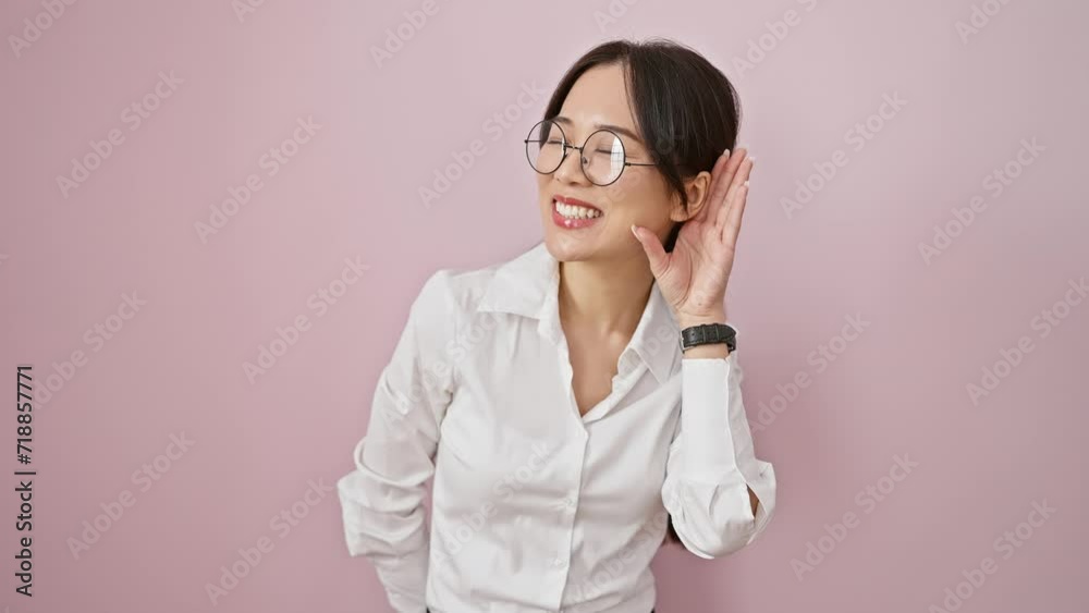 Cheery young chinese gal in glasses, hand cupped over ear, keenly listening to juicy gossip; a quirk of her deafness. echo of rumors over a pink isolated background Cheery young chinese gal in glasses, hand cupped over ear, keenly listening to juicy gossip; a quirk of her deafness. echo of rumors over a pink isolated background