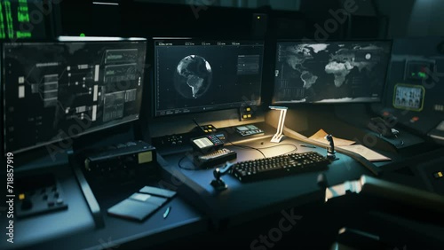 Spy network tracking technology operated from the army control room. Using the spy network tracking system examining the world map. Spy network tracking program accessing the satellite signal. photo