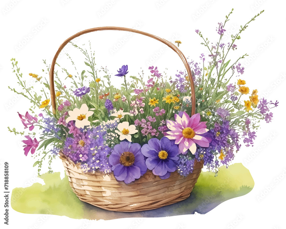 Watercolor wildflower basket clipart