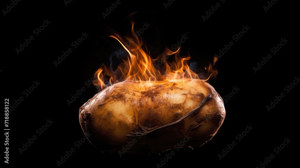 Obraz premium The potato is on fire. A flame of fire in the shape of potato .Red glowing potato on black. A potato with fire