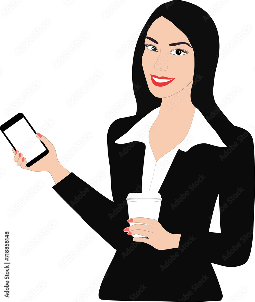 Woman holding smartphone and coffee up on png background Woman holding smartphone and coffee up on png background