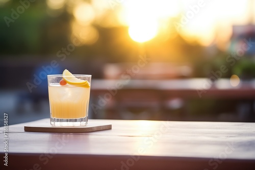 outdoor table with whiskey sour at sunset, soft focus background