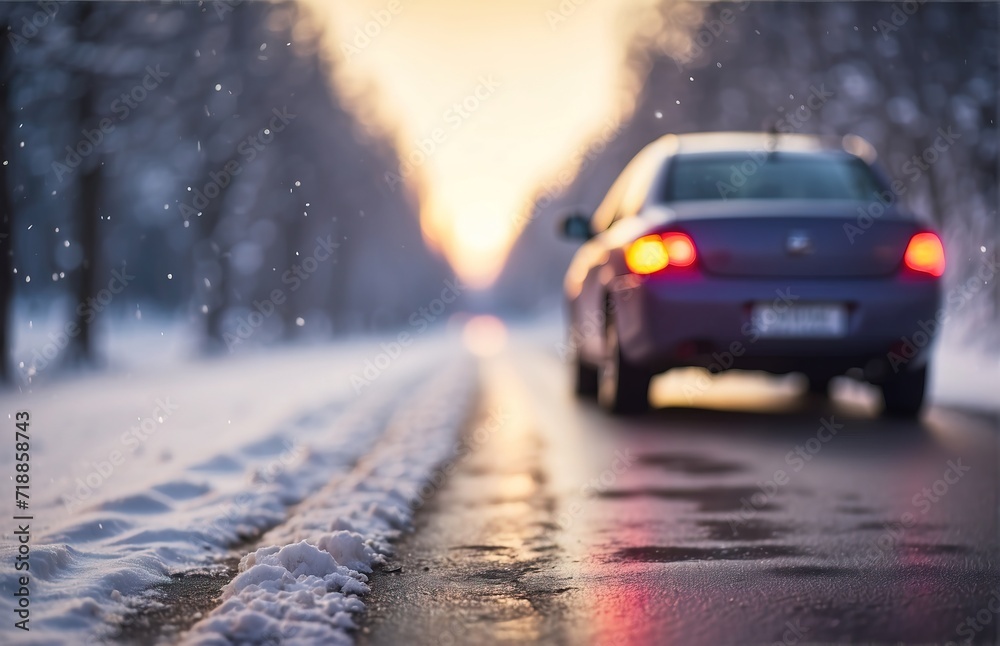 Car driving down a snow-covered road Car driving down a snow-covered road