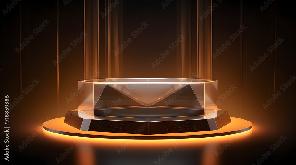 A black and gold poster with a round podium in the middle,,
Gold empty podium floating in the air in gold scene with wall of line vertical white and yellow neon lamps on background