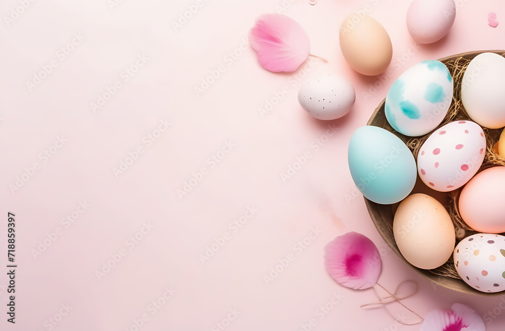 banner. Easter eggs, soft pink background. Minimal concept. View from above. Card with copy space for text