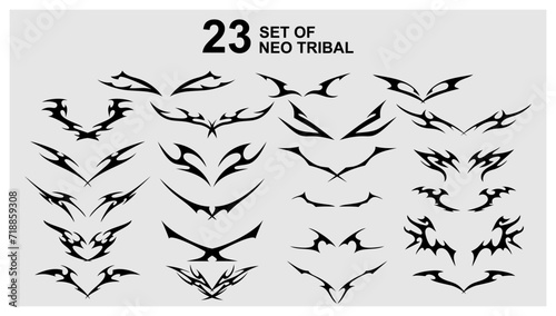 Vector set Neo tribal shape. Gothic Y2K sharp elements  abstract symmetrical design  various decorative elements. Acid Neo-tribal shapes. Tattoo. Neo Gothic. Organic fluid shapes. Brutality futuristic