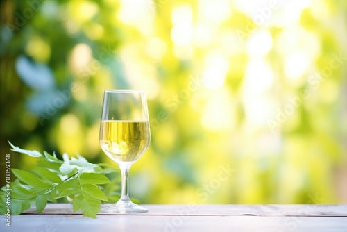 crisp glass of white wine with dew, green leaves backdrop