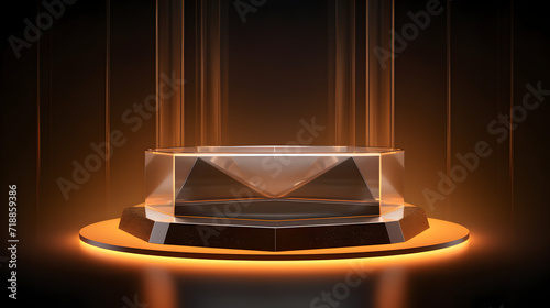 A black and gold poster with a round podium in the middle,, Gold empty podium floating in the air in gold scene with wall of line vertical white and yellow neon lamps on background