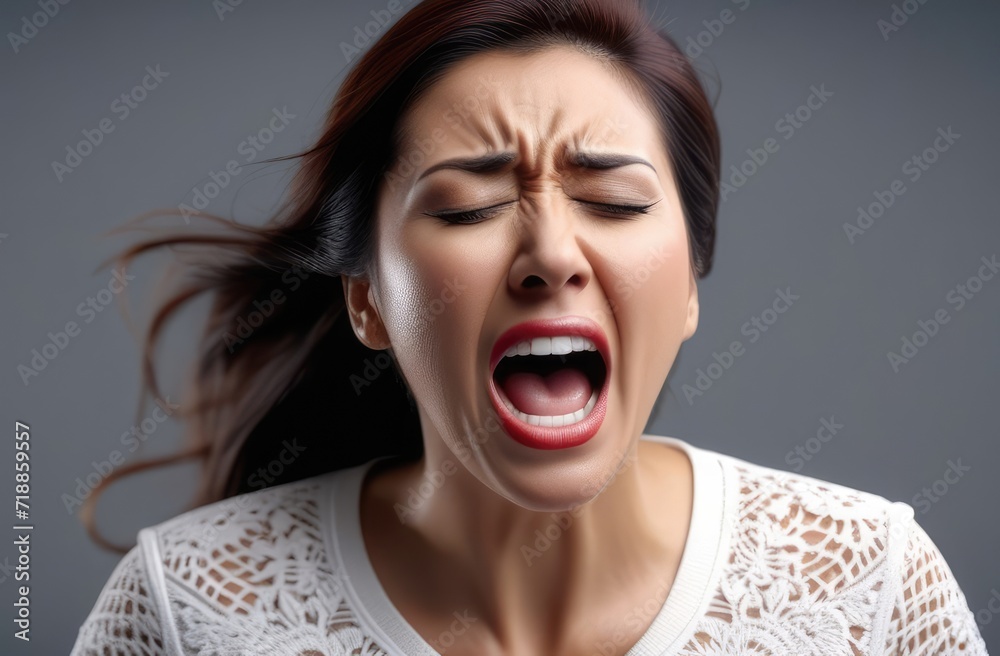 upset Asian girl screams, cries on dark grey background. shock and emotional breakdown, depression upset Asian girl screams, cries on dark grey background. shock and emotional breakdown, depression