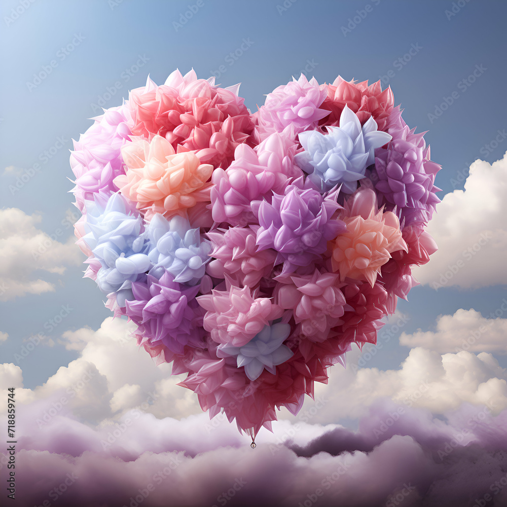 Fototapeta premium Heart made of paper flowers on blue sky background. 3d rendering