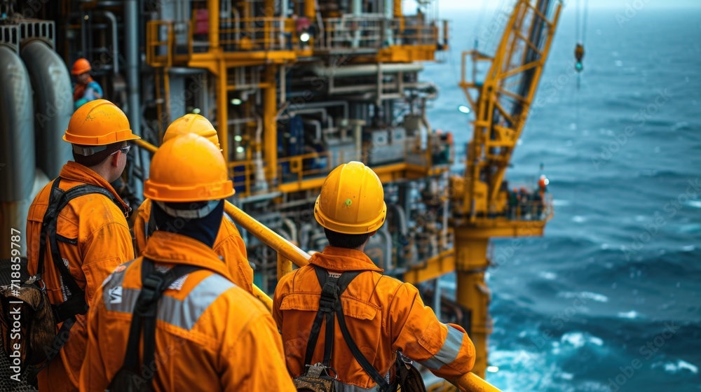 group of oil rig workers dressed in protective gear, collaboratively troubleshooting a piece of machinery on the deck of an offshore oil rig. group of oil rig workers dressed in protective gear, collaboratively troubleshooting a piece of machinery on the deck of an offshore oil rig.