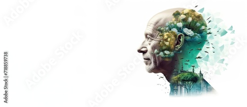 A senior man face in profile with doble exposure effect on white background with copy space, , Alzheimer's disease concept © 18042011