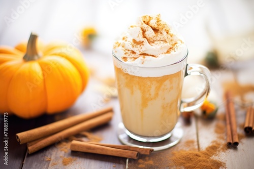 macro of the frothy top of a pumpkin spice latte with spices