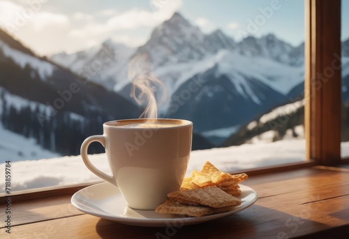 Coffee cup on wood table and view of beautiful nature background.