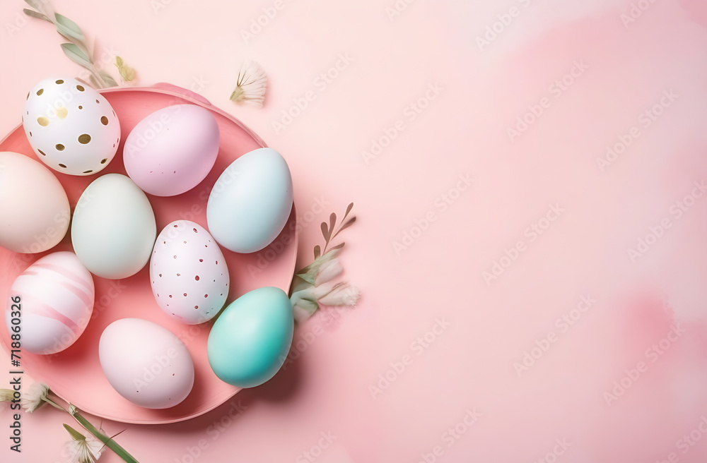 banner. Easter eggs, soft pink background. Minimal concept. View from above. Card with copy space for text