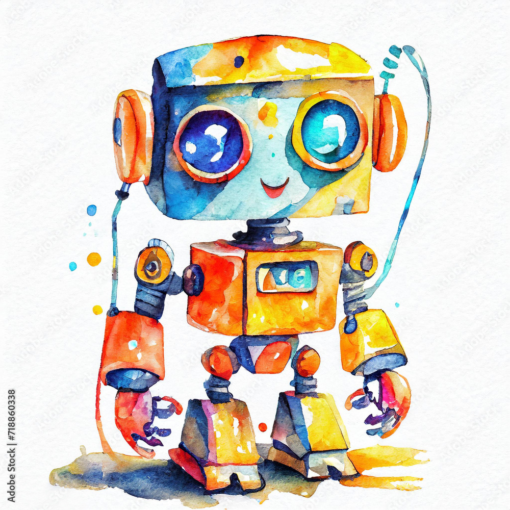 Watercolor robot illustration on white background Watercolor robot illustration on white background