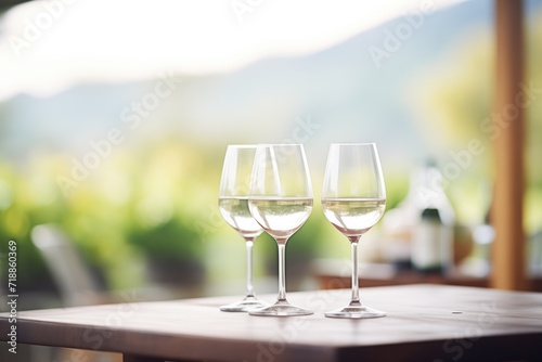 vineyard landscape with wine glasses arranged in the foreground