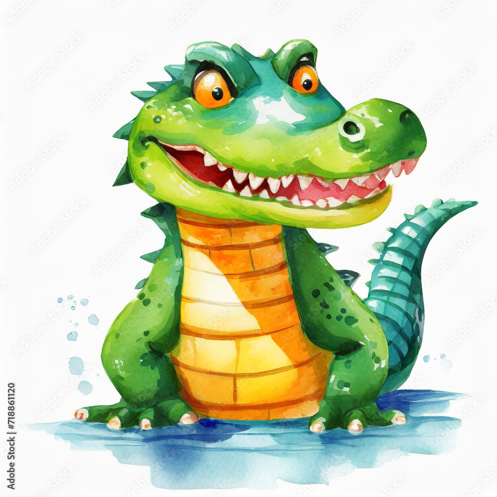 Fototapeta premium Watercolor alligator illustration on white background