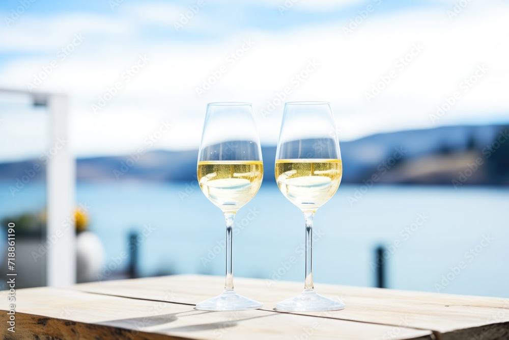 glasses of pinot grigio against a lake view