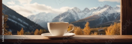 Coffee cup on wood table and view of beautiful nature background.