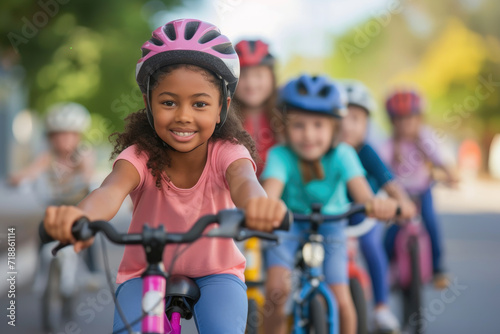 a diverse group of children enjoying a group bike ride in the city