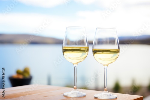 glasses of pinot grigio against a lake view