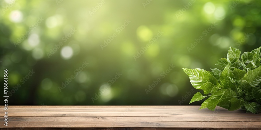 Wooden table top with abstract, fresh green garden backdrop for product display or visual design layout.