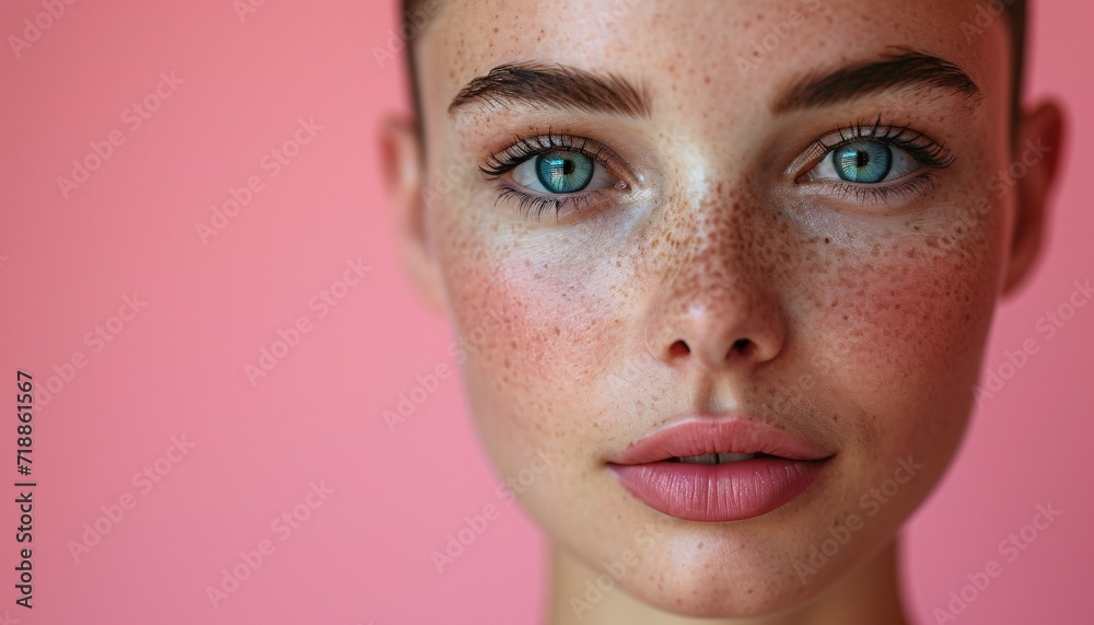Freshly Cut: A Gorgeous Woman with Freckles and a Pink Background Generative AI Freshly Cut: A Gorgeous Woman with Freckles and a Pink Background Generative AI