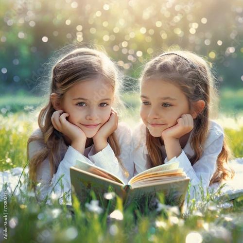 Dziewczynki leżące na trawie i czytająca książkę. W tle wiosenny krajobraz