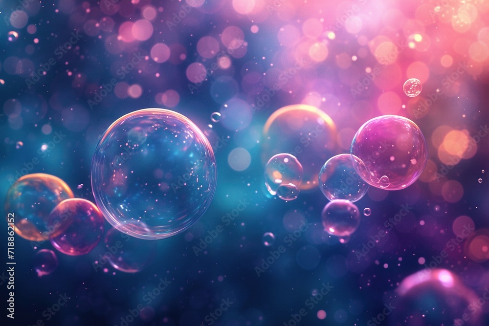 Fototapeta premium Abstract PC desktop wallpaper background with flying bubbles on a colorful background. AI Generated