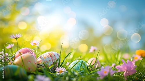 easter eggs in a birds nest celebrating a Happy Easter on a spring day with a green grass meadow