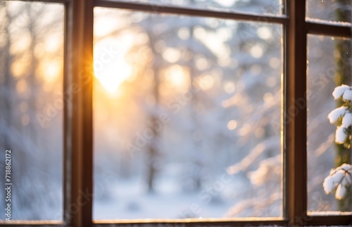 Window view on bright snow forest sunshine background