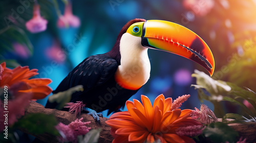 Hello summer. Super cute toucan in blossoming forest. AI generated image © yekaterinalim